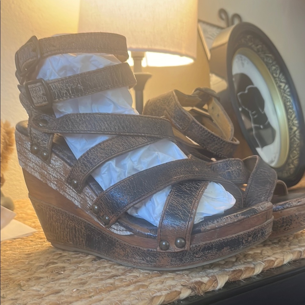 BED|STU Brown Leather Wedge Sandals